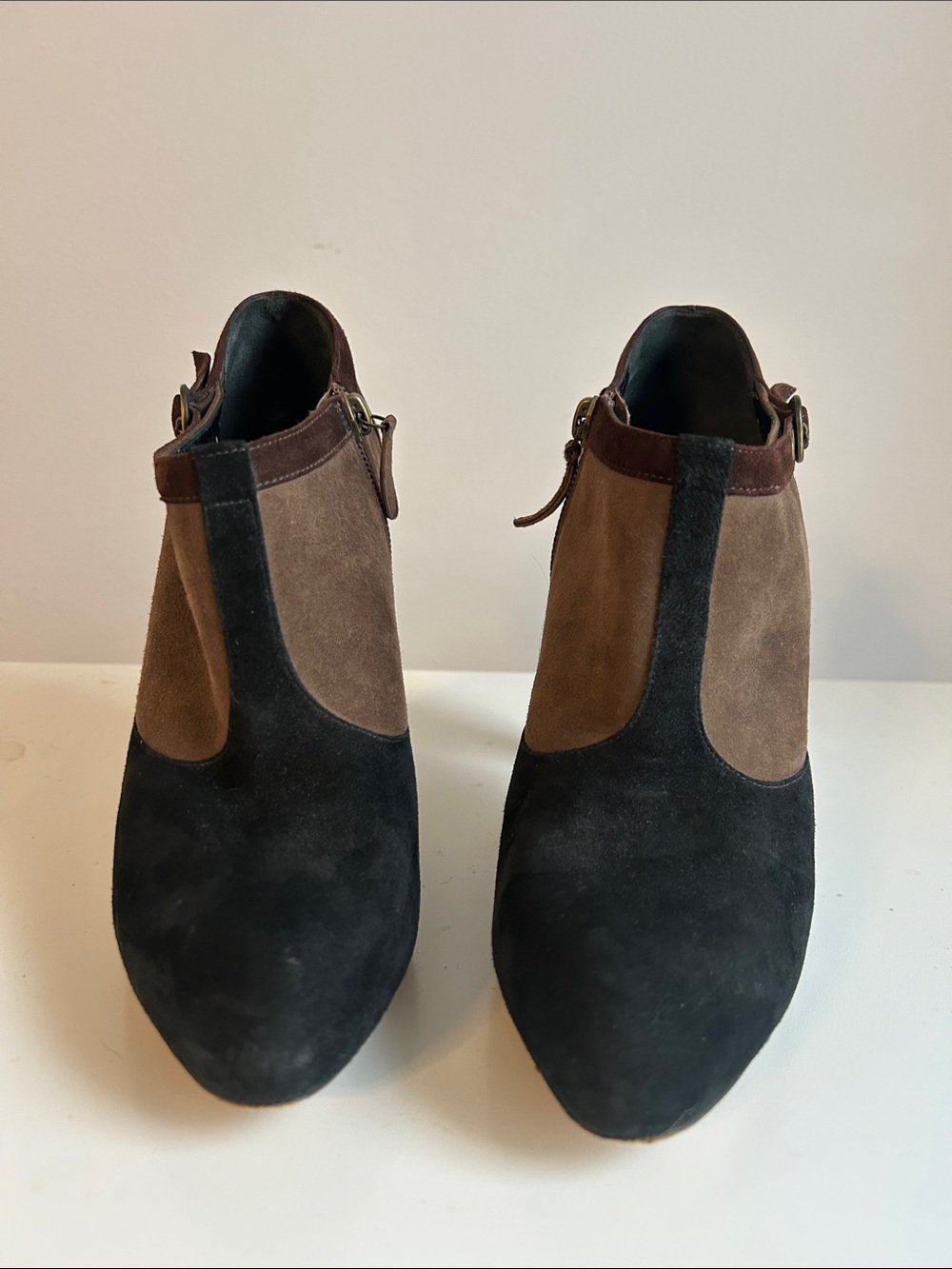 Moschino Cheap and Chic Two-Tone Suede Ankle Boots in Black and Brown 37.5